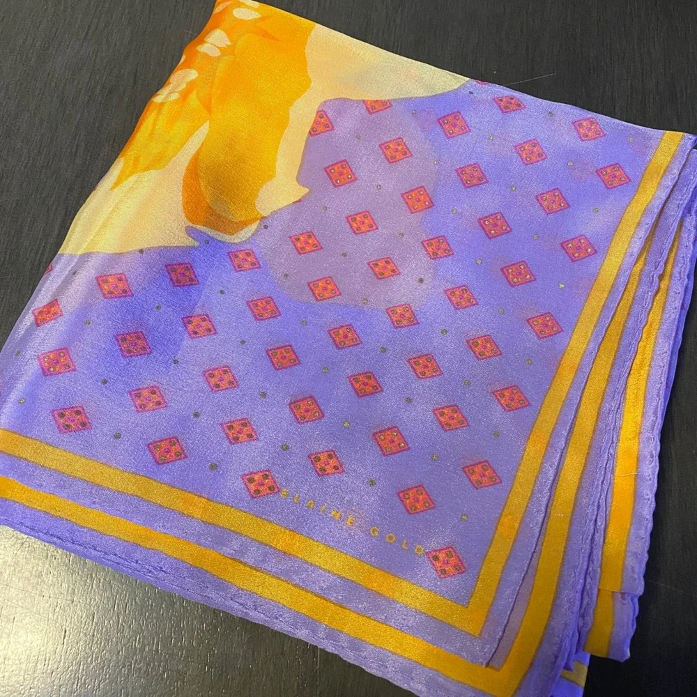 Elaine Gold Vintage Purple Yellow Floral Geometric Square Silk Scarf 30x30